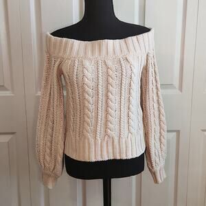 Forever 21 Women's Beige Cable Knit Chunky Sweater Size SM Off Shoulder Balloon